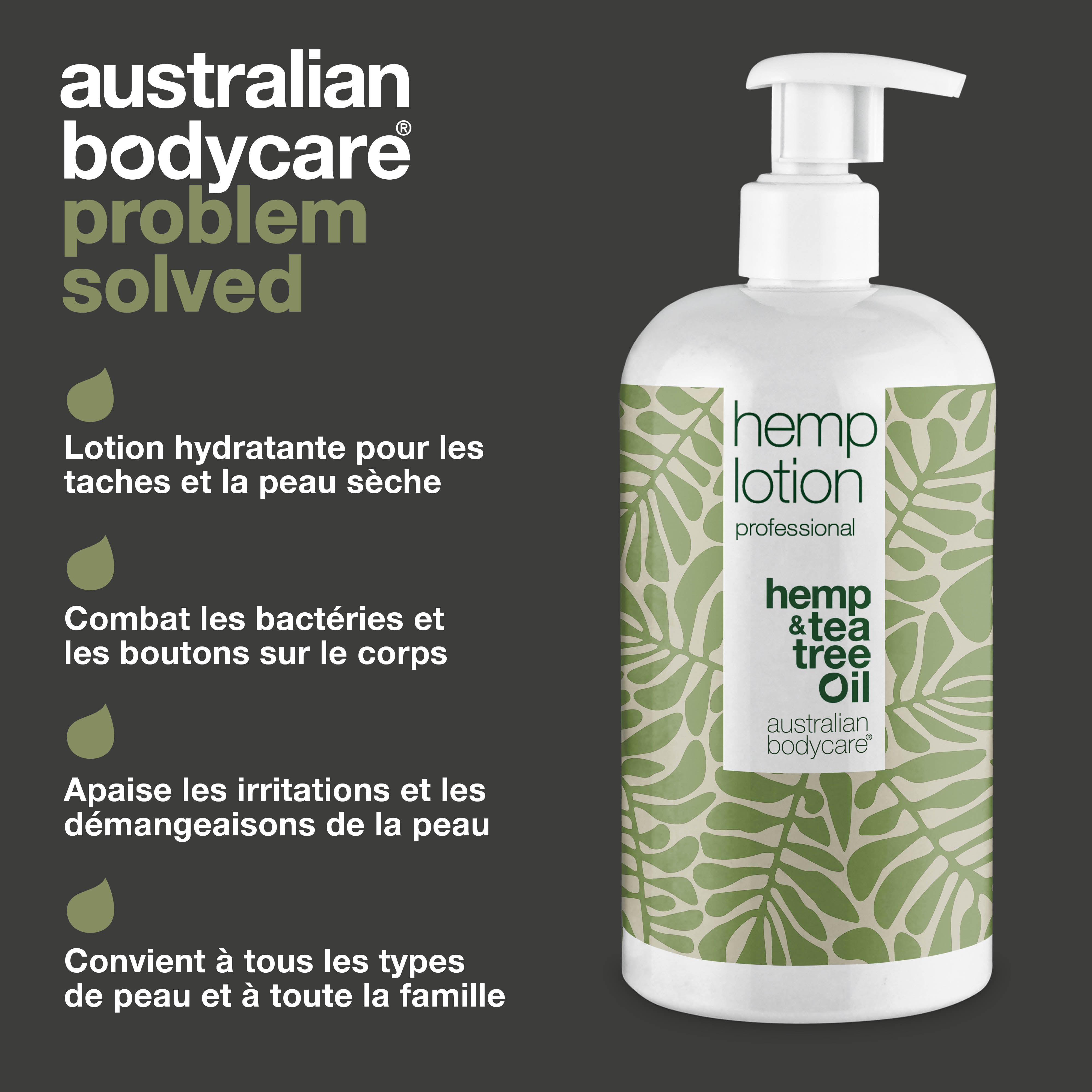 Flacon avec texte : Lotion hydratante, combat les bactéries, apaise les irritations. Convient à tous les types de peau.