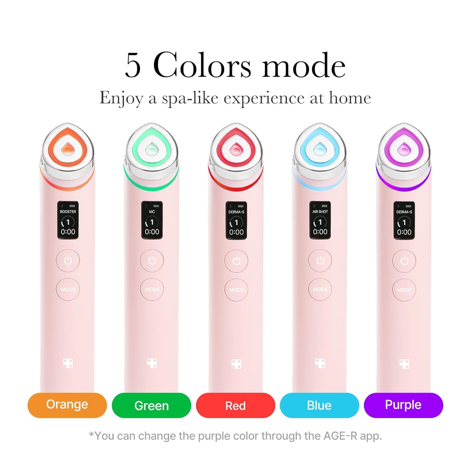 Vijf roze huidverzorgingsapparaten met gekleurde koppen. Elk heeft een display. Tekst: 5 Colors mode.