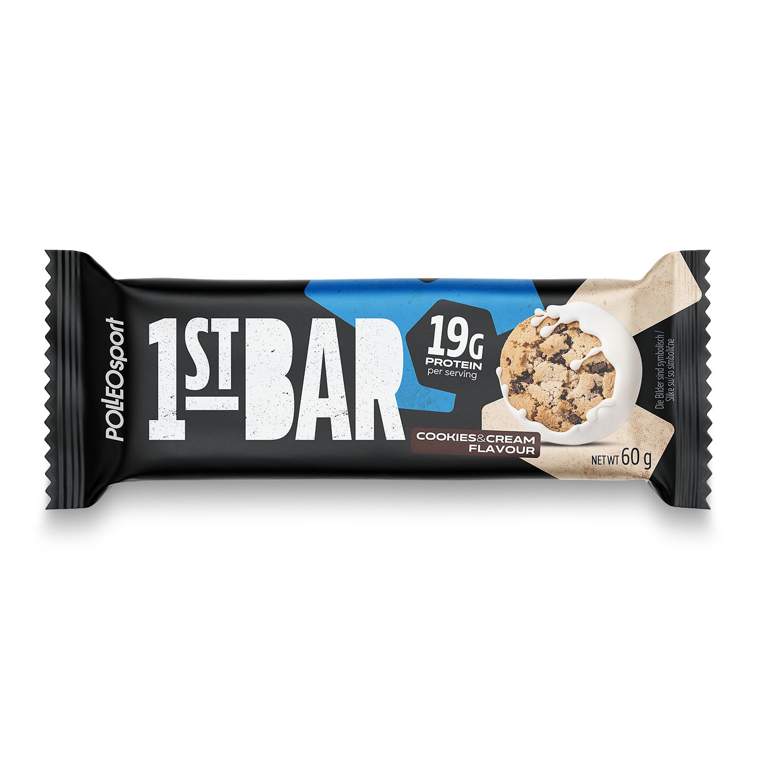 Eiwitreep "1ST BAR" smaak Cookies & Cream. 19g eiwit per portie. Netto gewicht: 60g. Merk: PolleoSport.