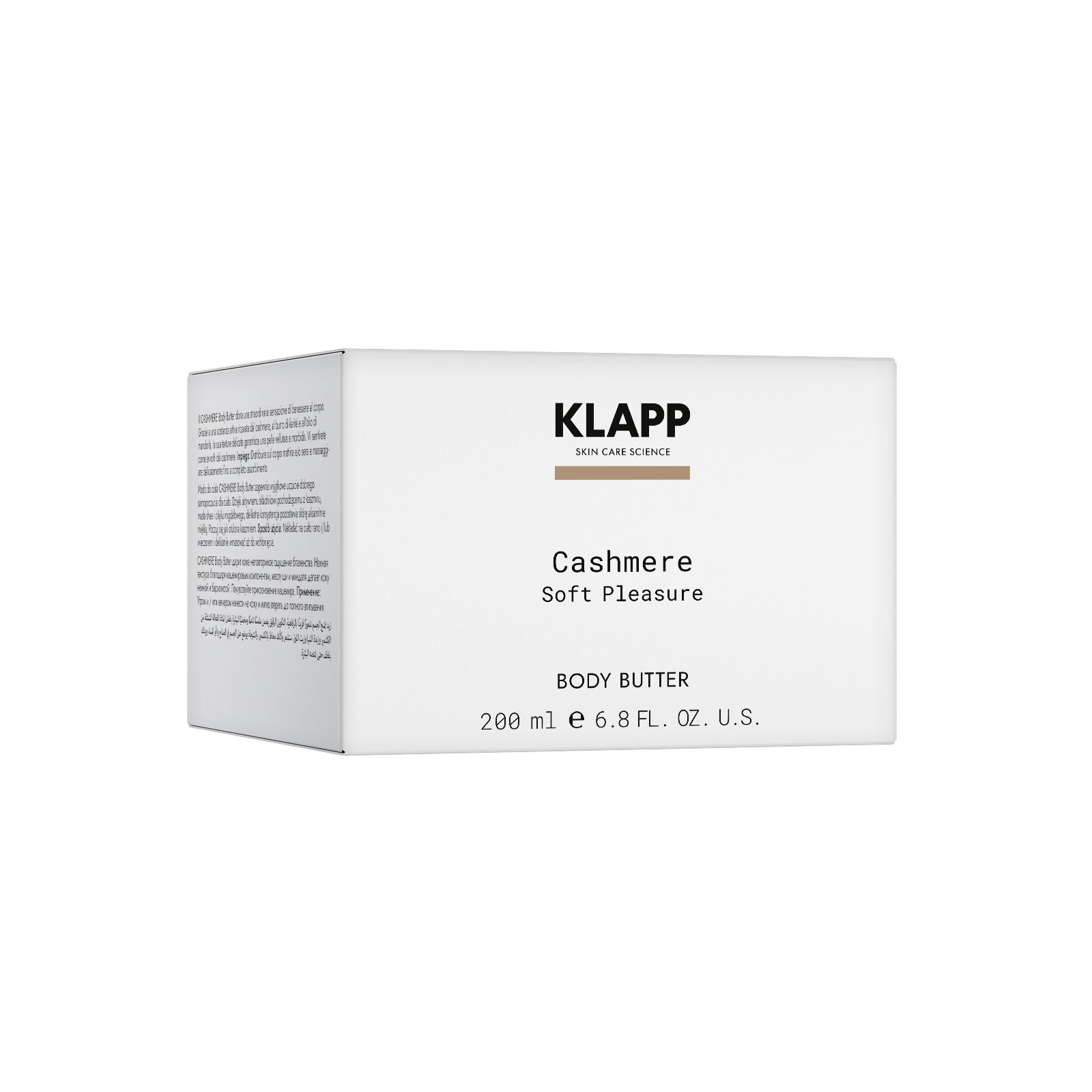 Emballage blanc Klapp Cashmere Body Butter. Inscription : Klapp, Cashmere, Soft Pleasure, Body Butter. Texte sur le côté.