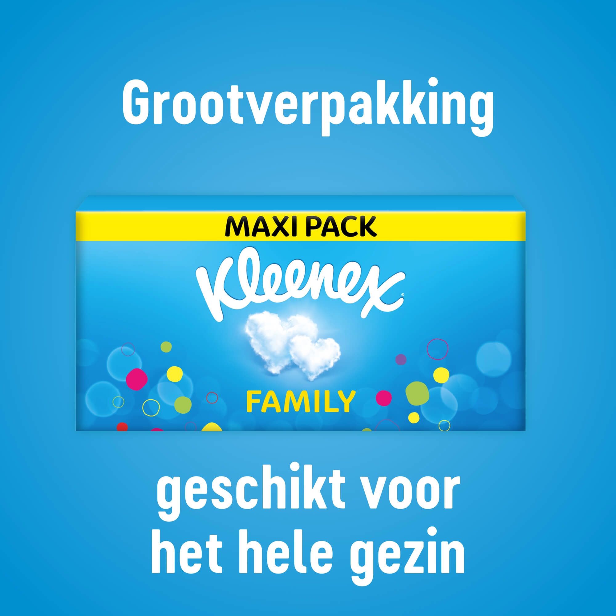 Kleenex verpakking met logo, hart-wolken en tekst 'Maxi formaat'. Geschikt voor het hele gezin.