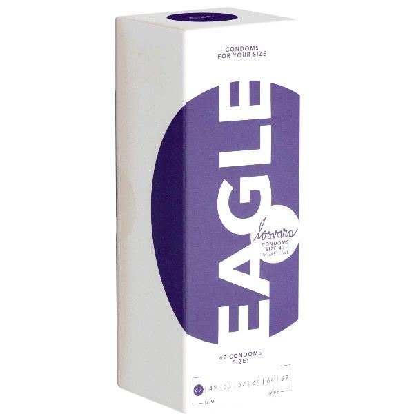 Boîte de préservatifs Loovara 'Eagle' taille 42, avec indications de taille.