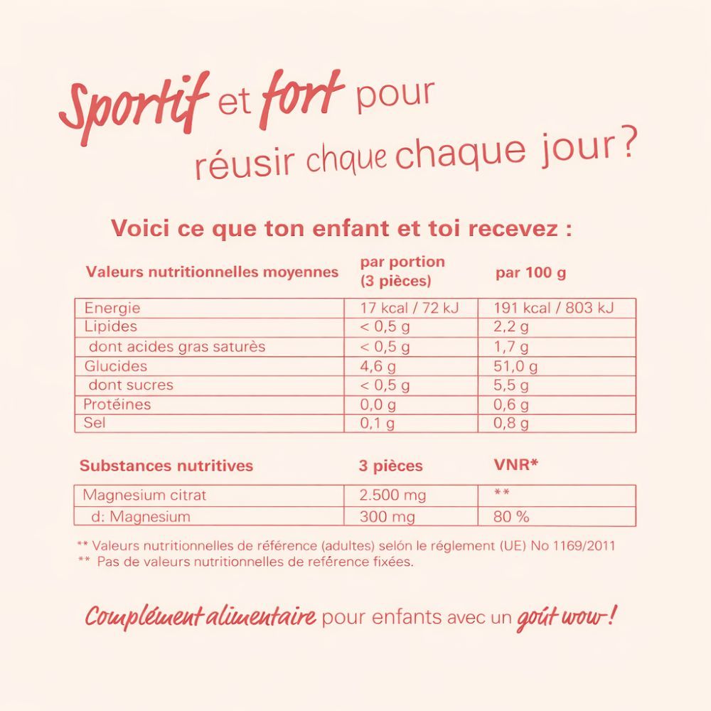 Tableau nutritionnel. Texte : Valeurs nutritionnelles moyennes. Citrate de magnésium, magnésium. 3 pièces. 300 mg de magnésium.