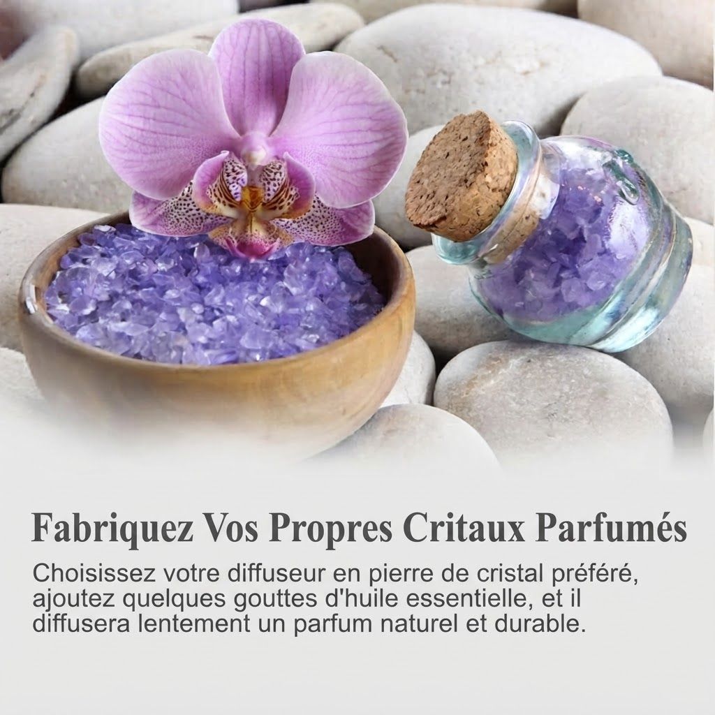 Bol de cristaux violets et orchidée, flacon en verre bouché. Pour fabriquer des cristaux parfumés.