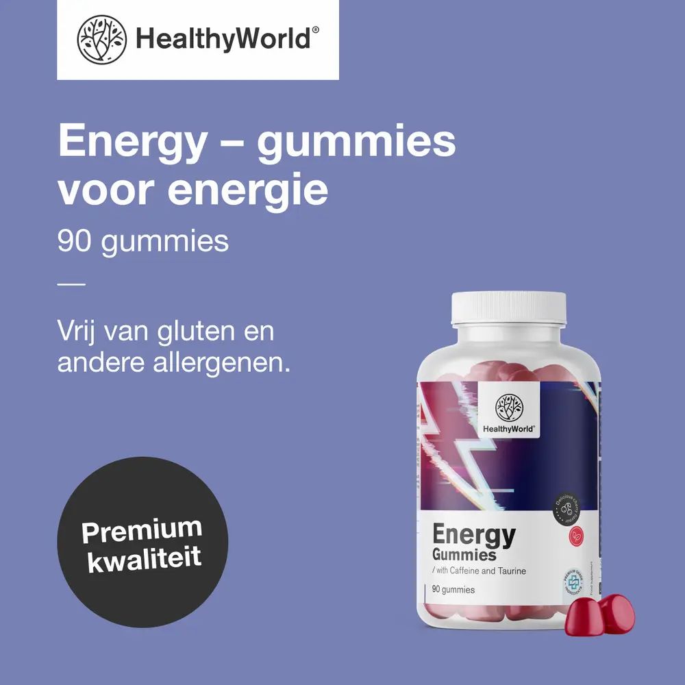 Fles met 90 energie-gummies, rood, met cafeïne en taurine. "Beste Kwaliteit" zegel.