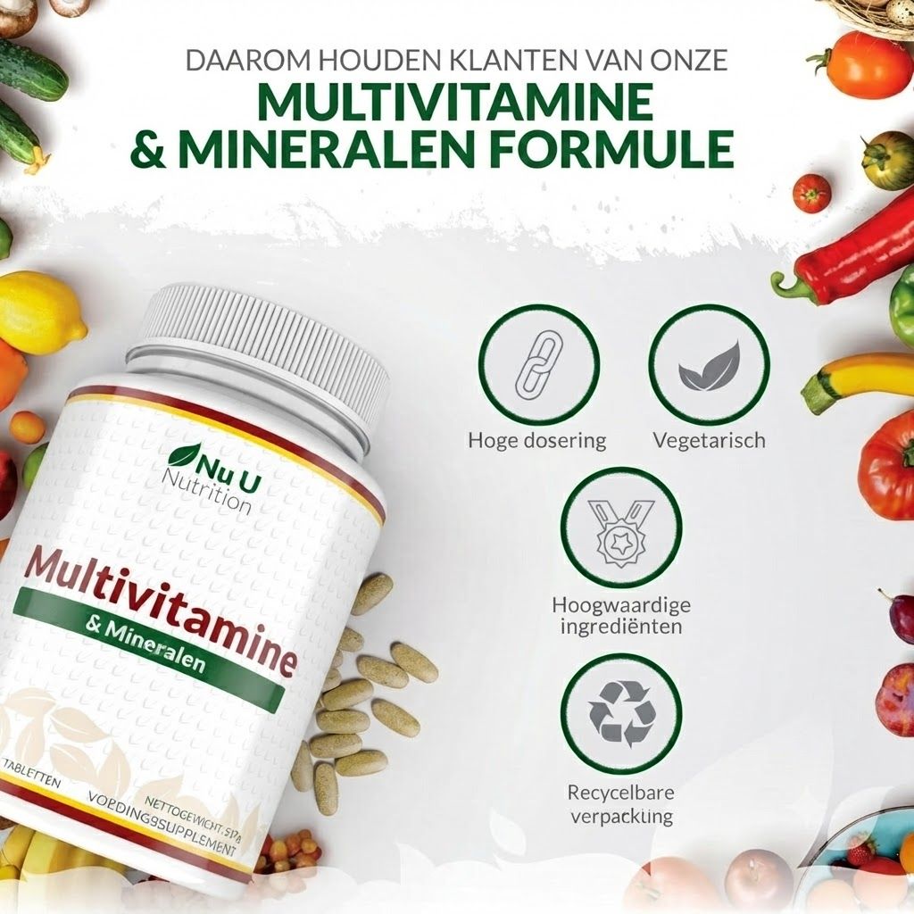 Fles met multivitamine- en mineralencapsules, omringd door fruit en groenten.