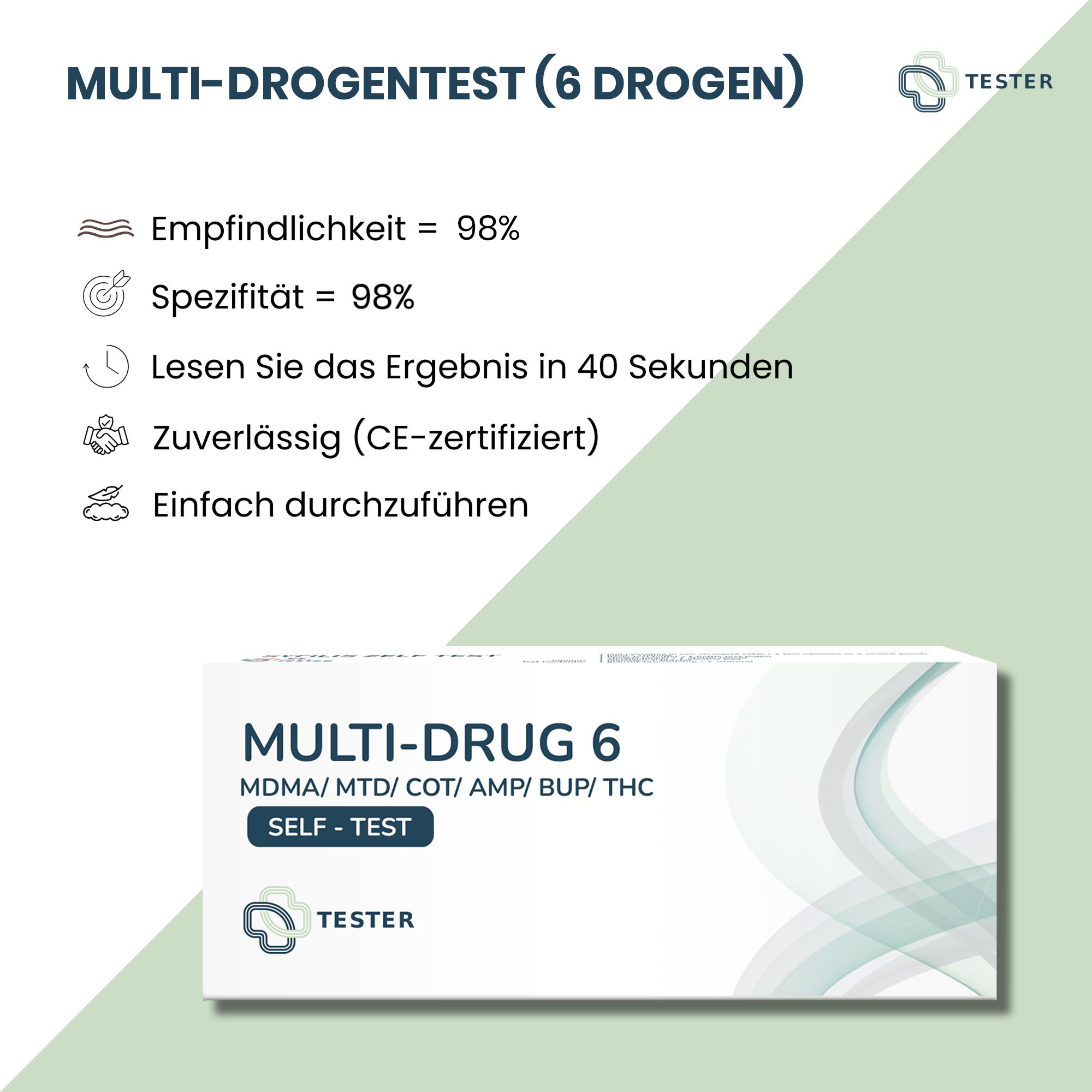Multi-drugstest (6 drugs) met tekst: Gevoeligheid = 98%, Specificiteit = 98%, resultaat in 40 seconden, betrouwbaar (CE-gecertificeerd), gemakkelijk uit te voeren.