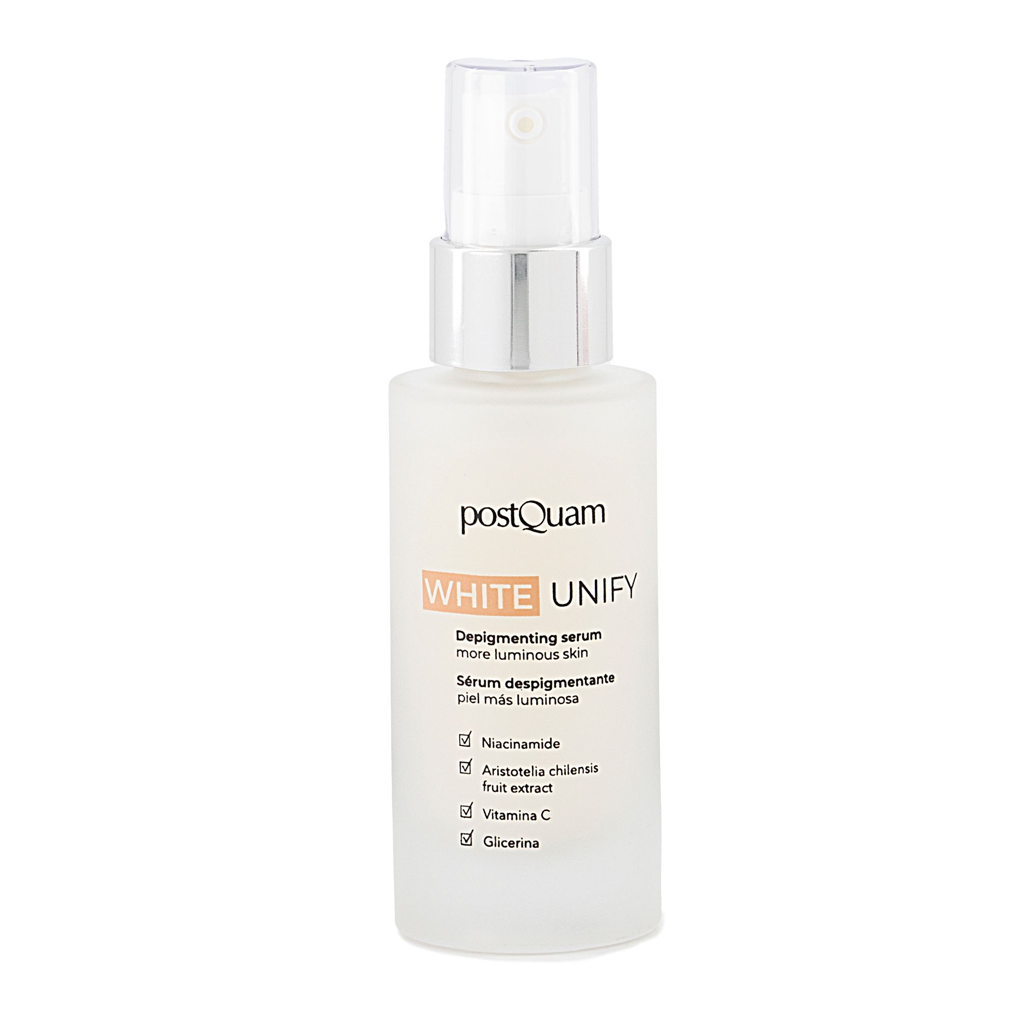 Flacon de sérum avec vaporisateur. Inscription : PostQuam, White Unify, Sérum dépigmentant. Ingrédients : Niacinamide, Vitamine C, Glycérine.