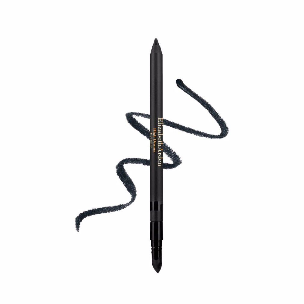 Zwarte eyeliner en streep. Opschrift: Elizabeth Arden High Drama. Zwarte eyeliner en streep.