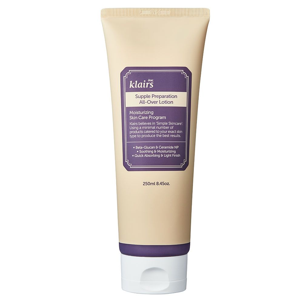 Beige tube met paars etiket. Tekst: klairs, Supple Preparation All-Over Lotion. 250ml.