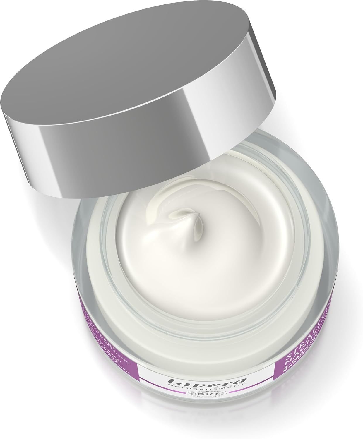 Een open glazen pot met witte crème en een zilverkleurig deksel ernaast. Het etiket vermeldt "lavera NATURKOSMETIK BIO".