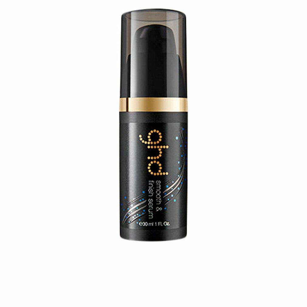Flacon noir avec détails dorés. Inscription ghd smooth & finish serum. Avec pompe et bouchon. Contenance 30 ml.