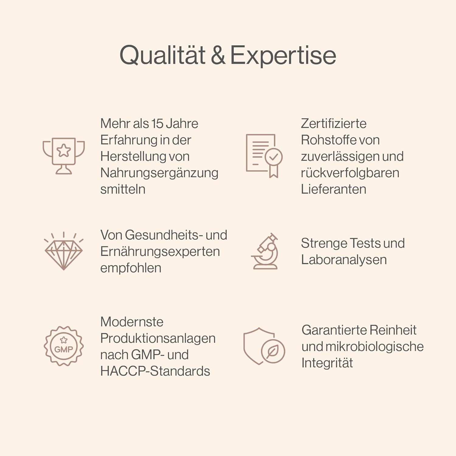 Infographie : Qualité et expertise. Plus de 15 ans d'expérience, matières premières certifiées, recommandées par des experts, tests rigoureux, normes GMP, pureté.