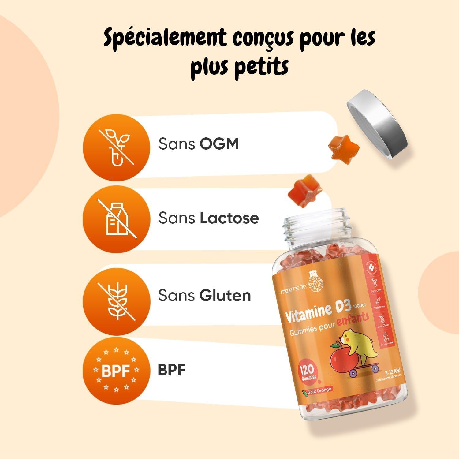 Bouteille de 120 oursons Vitamine D3 pour enfants, avec ours sur patins, saveur orange.