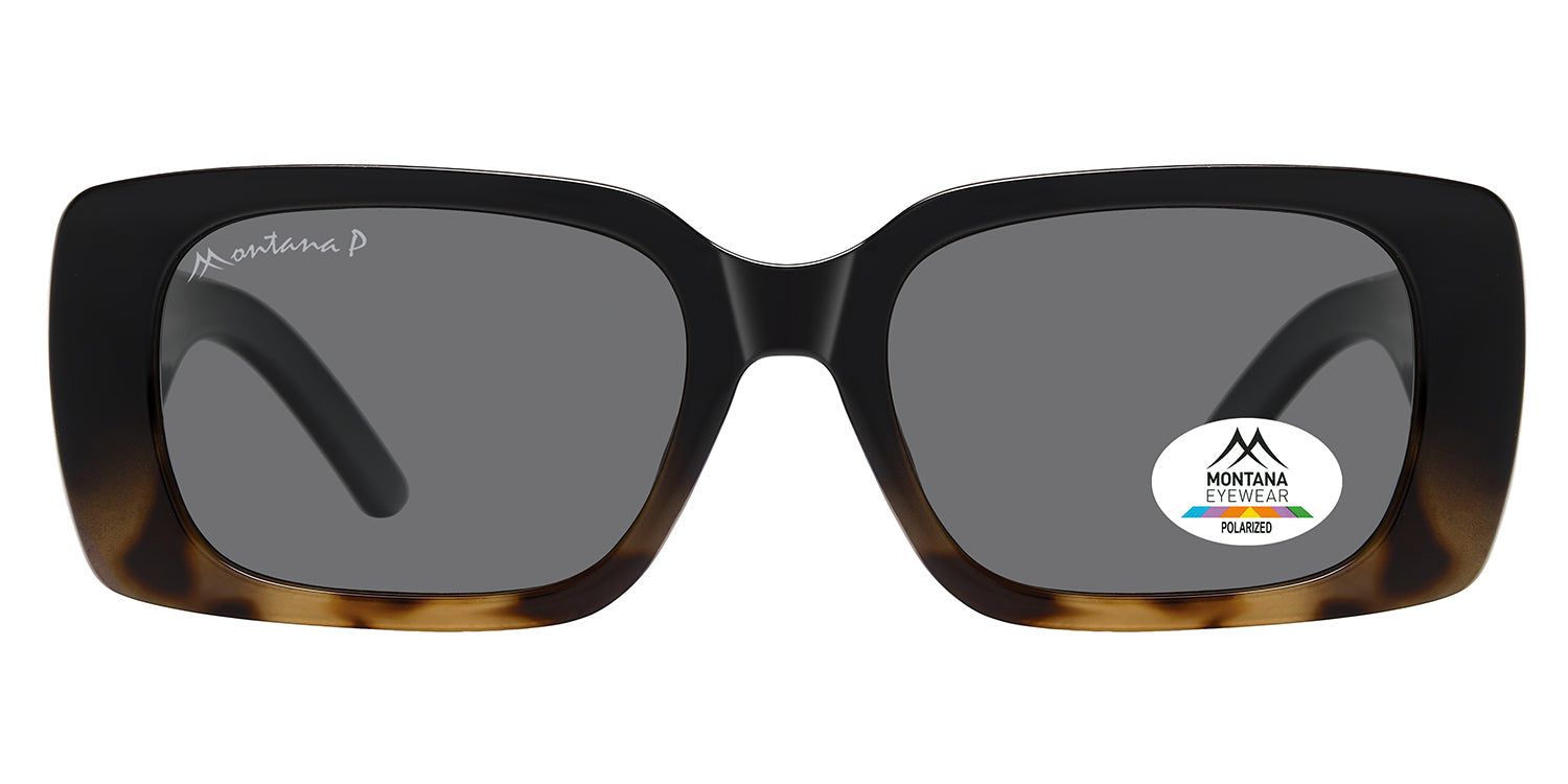 Lunettes de soleil rectangulaires avec monture marron et verres gris. Logo Montana Eyewear et autocollant Polarized.