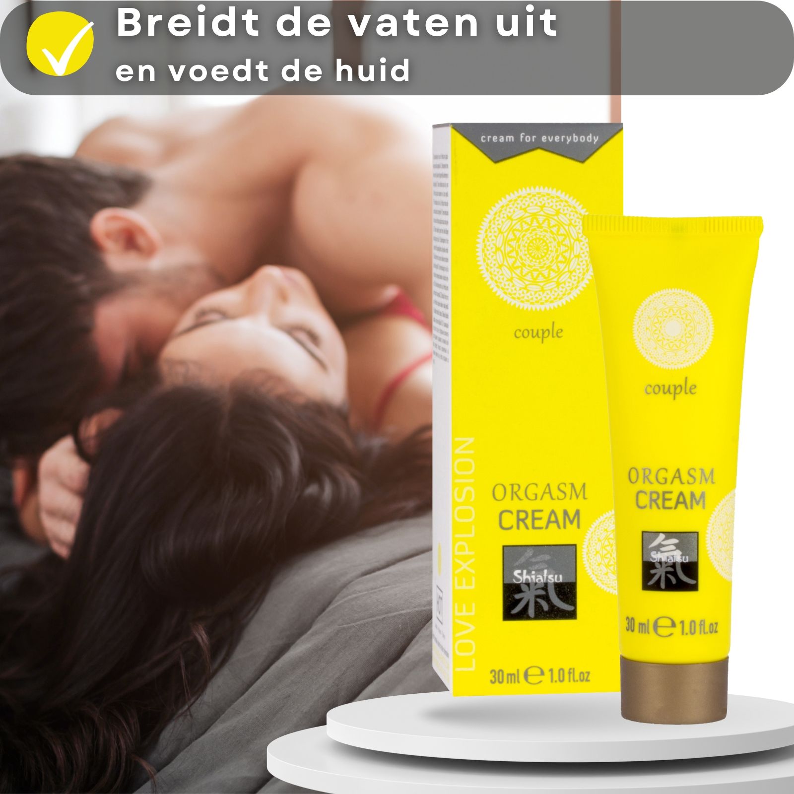 Gele tube en doos. Opschrift: ORGASM CREAM, Shiatsu, 30 ml. Koppel op de achtergrond.