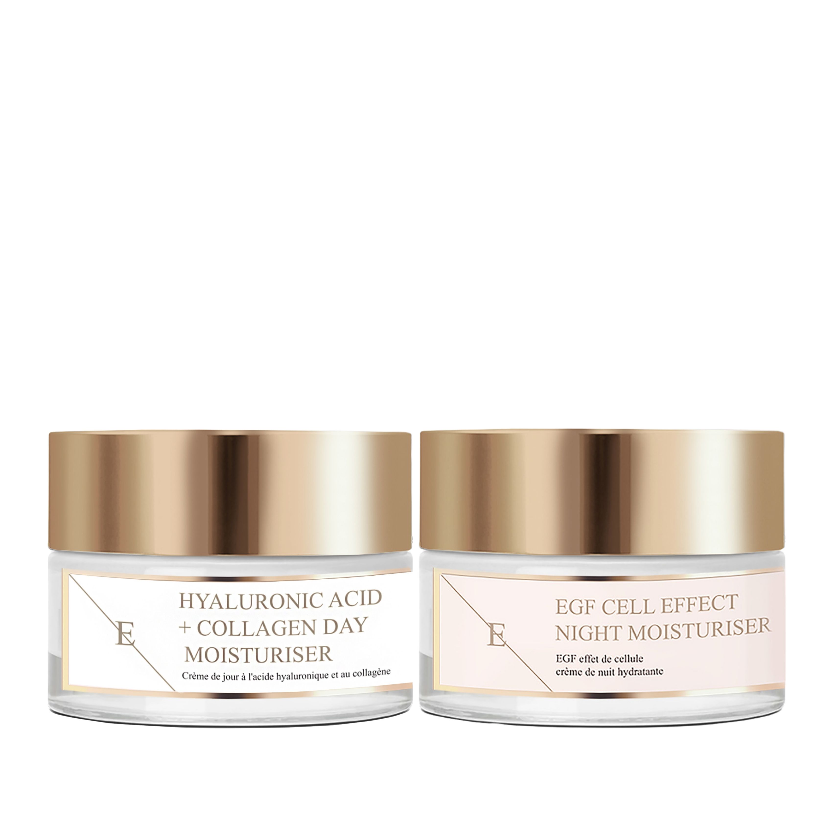 Deux pots de crème : crème de jour à l'acide hyaluronique et au collagène, crème de nuit EGF.