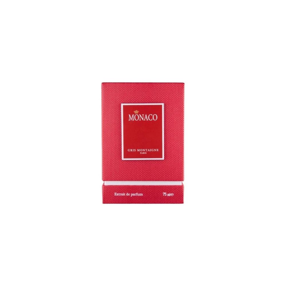 Emballage rouge avec inscription "MONACO" et "GRIS MONTAIGNE". Texte "Extrait de parfum" et "75 ml".