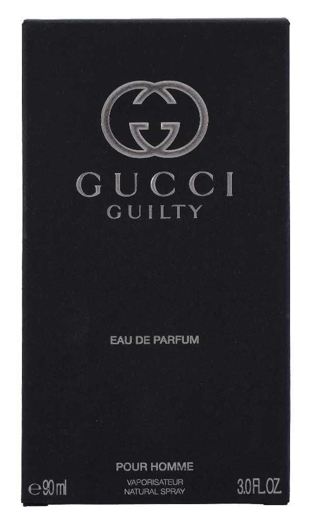 Zwarte verpakking. Gucci Guilty Eau de Parfum. Logo en tekst. 90ml en 3.0 FL.OZ.