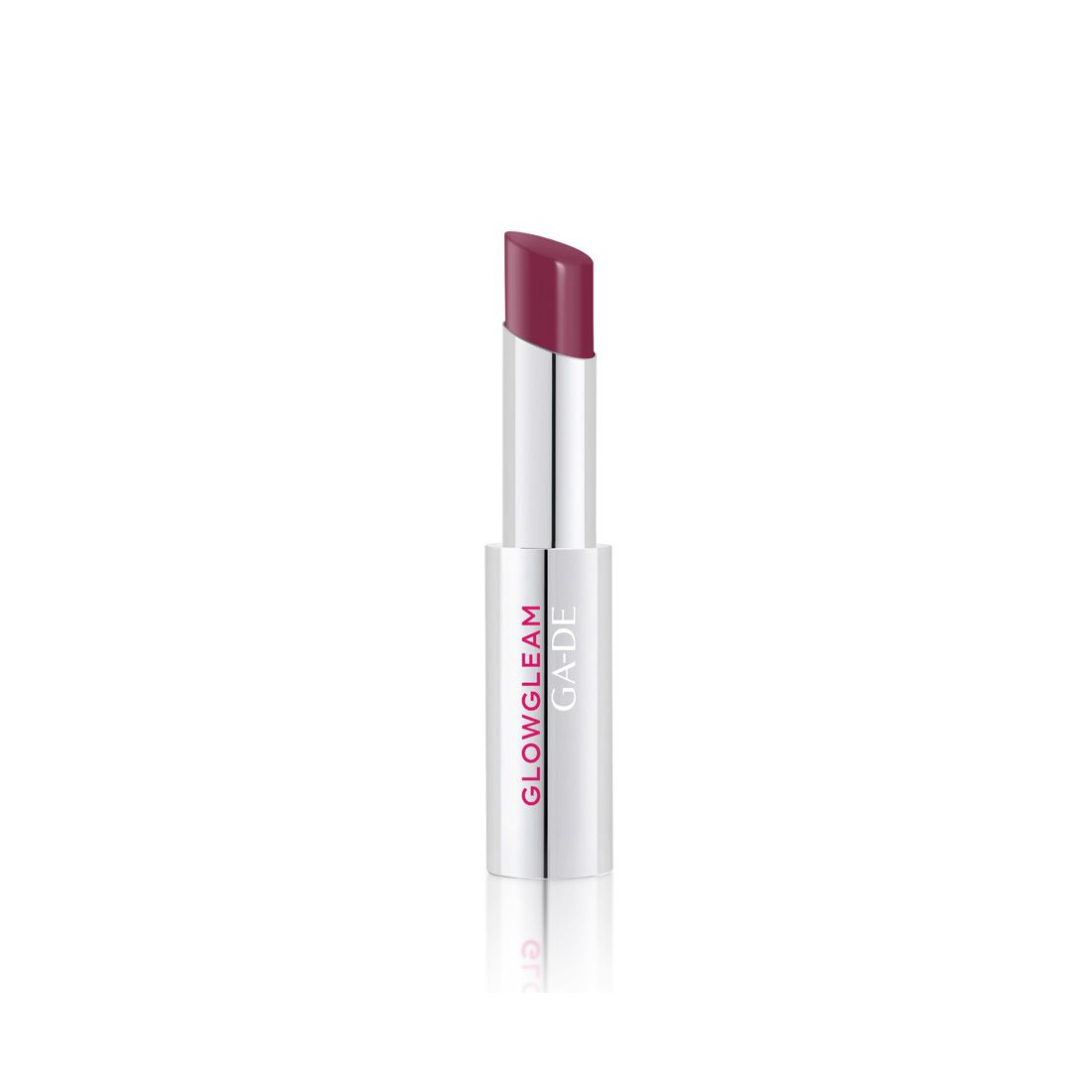 Rouge à lèvres ouvert dans un étui argenté. Le rouge à lèvres affiche une couleur rose. Le nom "GLOWGLEAM GA-DE" est visible.