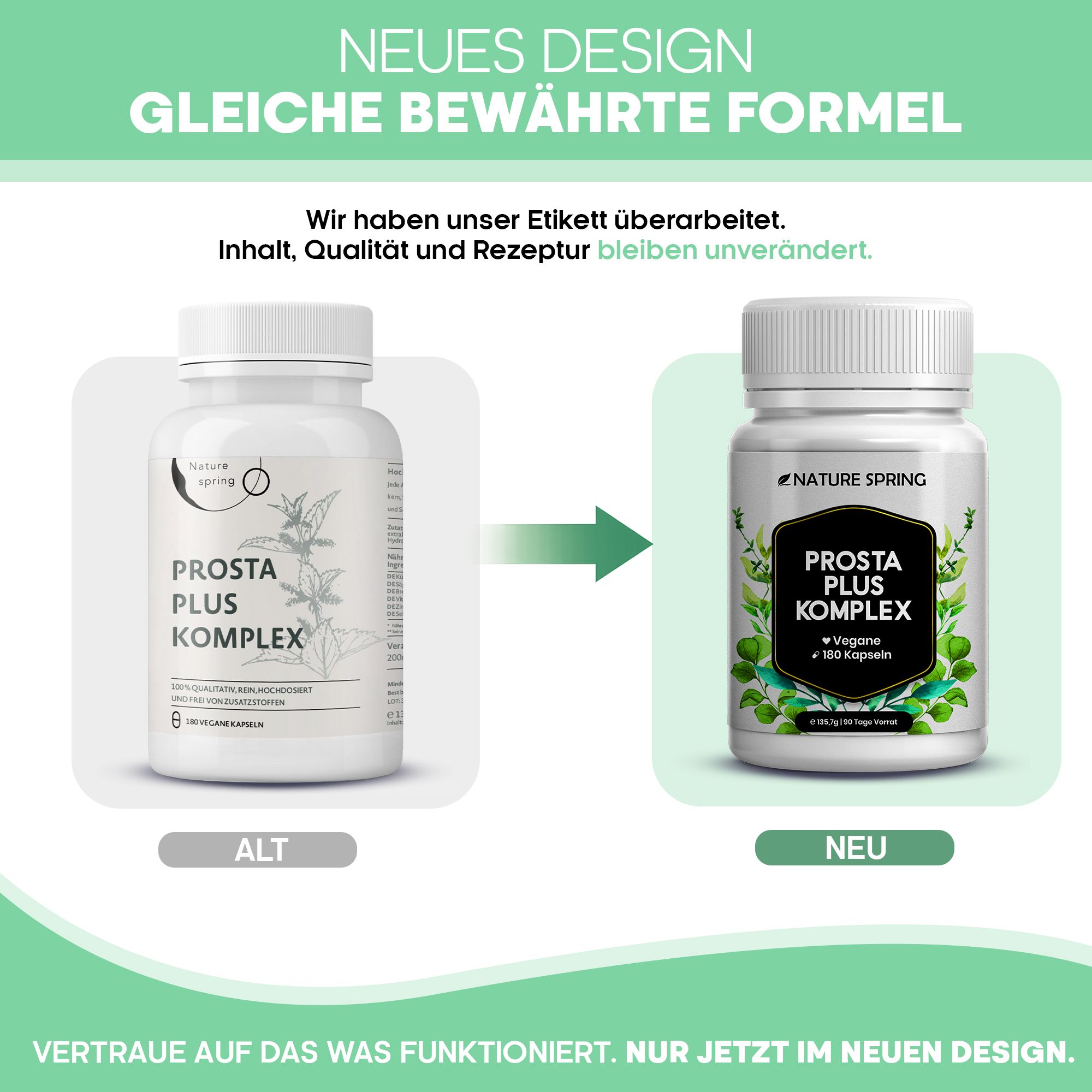 Vergelijking: Oude en nieuwe verpakking van Nature Spring Prosta Plus Komplex capsules.