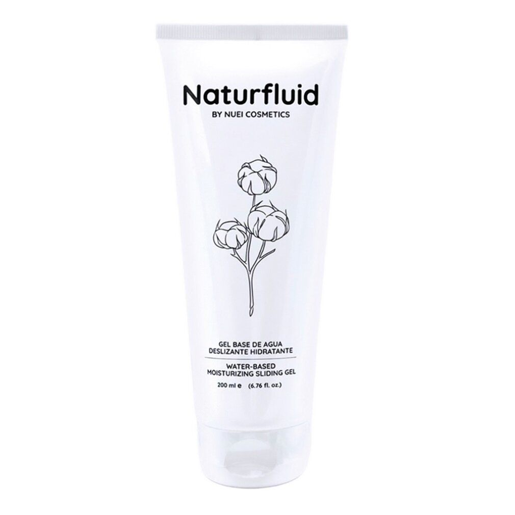Witte tube Naturfluid. Bloemenillustratie en tekst: Waterbasis glijmiddel. 200 ml.