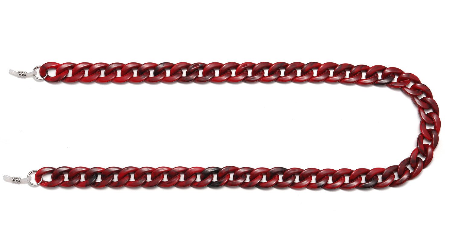 Chaîne de lunettes rouge-brun, maillons de chaîne, boucles métalliques. Pour lunettes. Sur fond blanc.