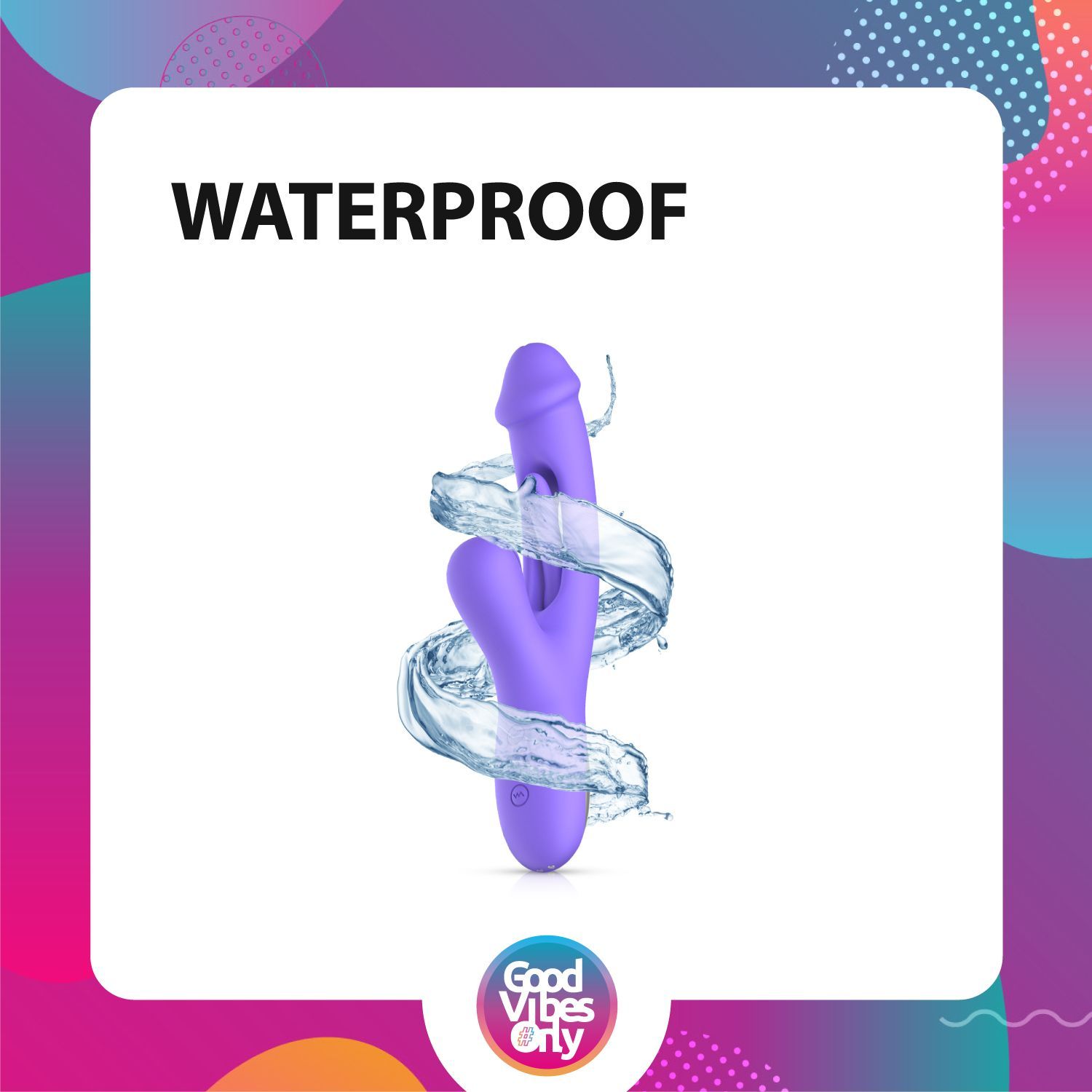 Vibrateur violet entouré d'eau. Texte : Waterproof.