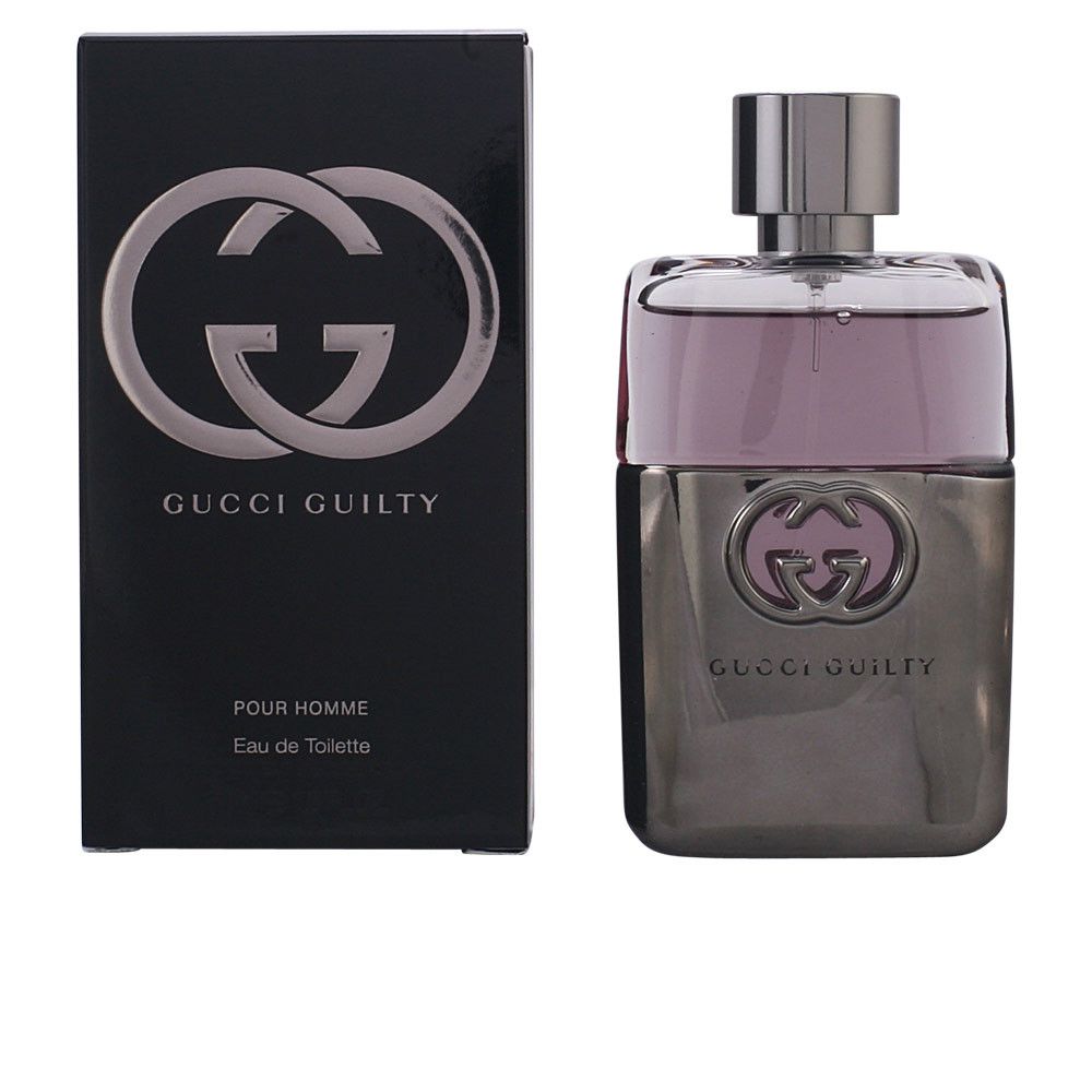 GUCCI Guilty Homme Eau de Toilette. Fles en verpakking. Zwarte verpakking met logo. Grijze fles met zilveren dop.