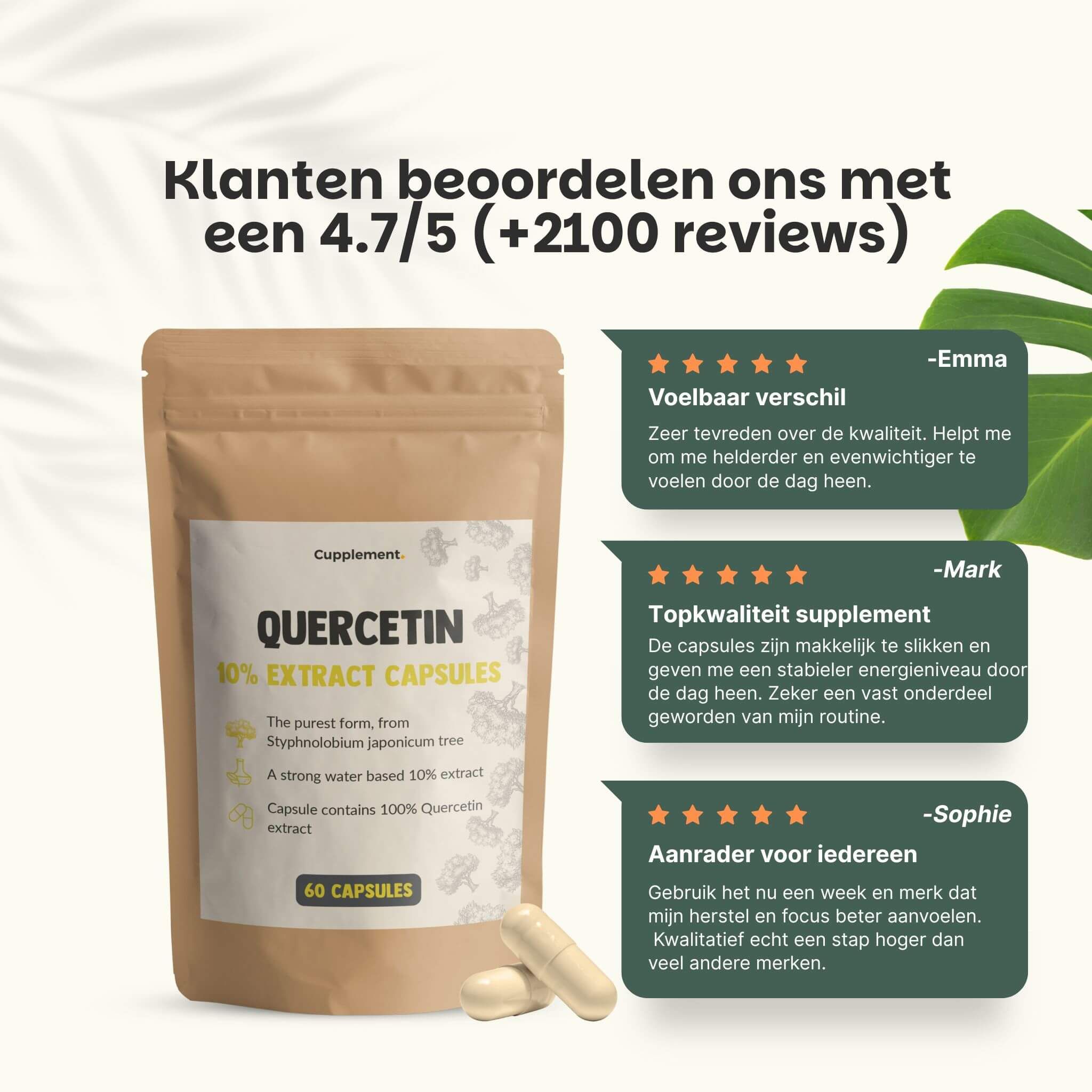 Afbeelding met gele capsule en poeder. Tekst: Quercetine capsules, 100% natuurlijk, vegan.