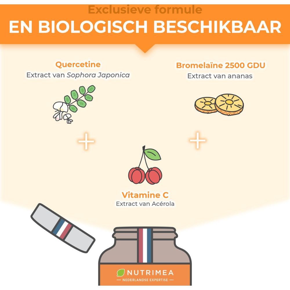 Grafiek met ingrediënten: Quercetine, Bromelaïne, Vitamine C. Fles QUERCETINE. Exclusieve formule en biologisch beschikbaar.