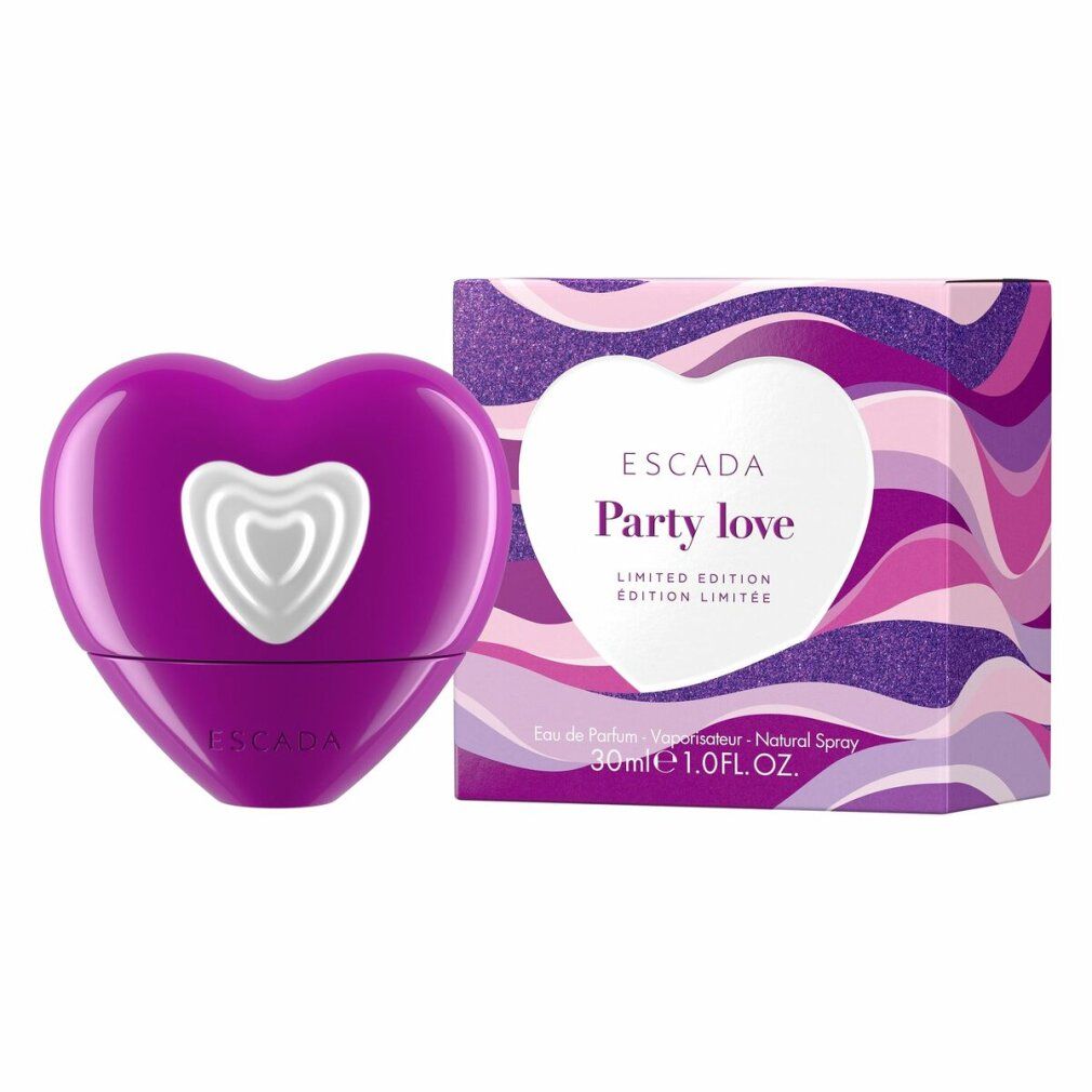 Paarse hartvormige flacon en doos. Op de doos staat "Escada Party Love". Fles met wit hart. 30ml.