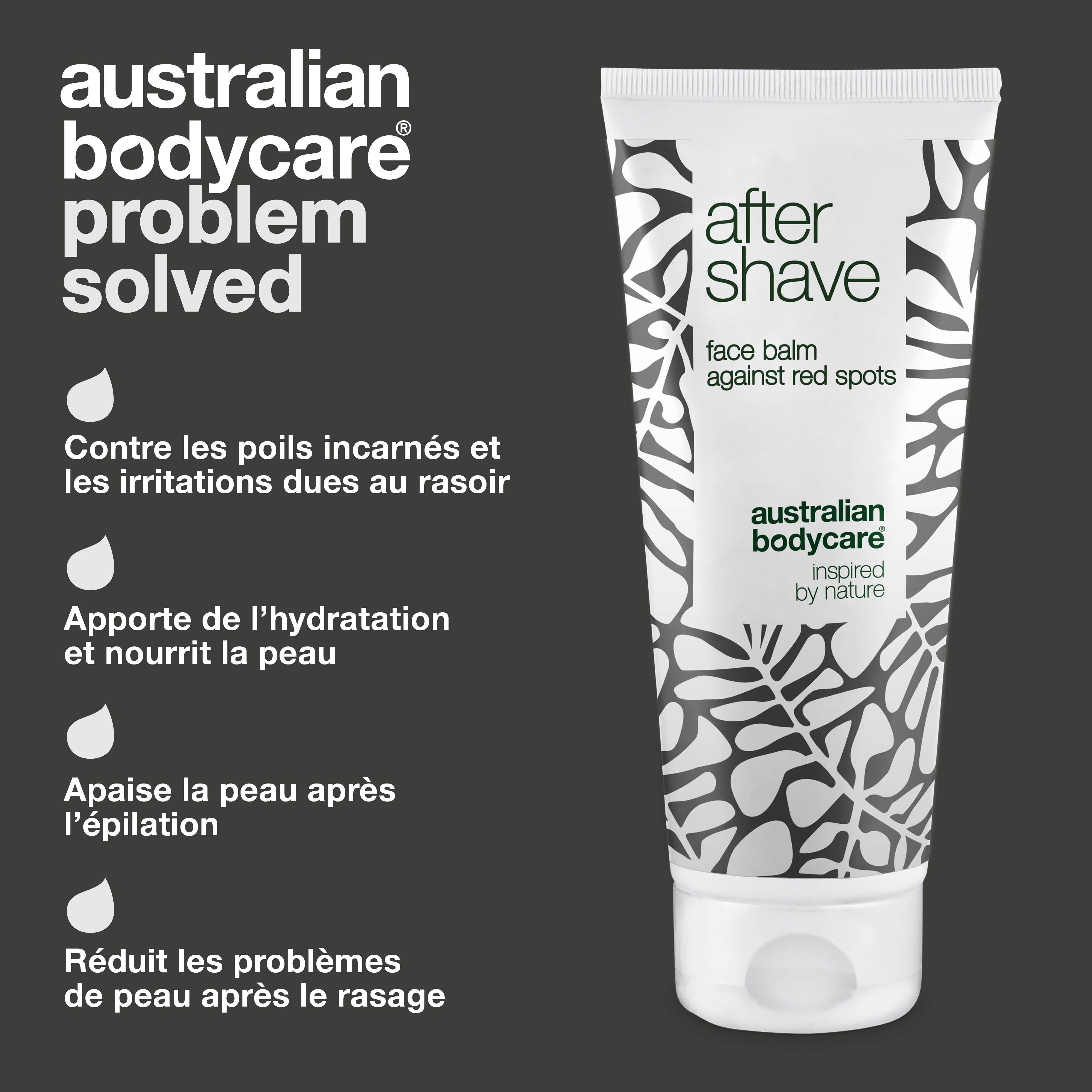 Tube de baume après-rasage. Texte: After Shave, face balm against red spots, Australian Bodycare. Puces: hydratation, poils incarnés, irritations.
