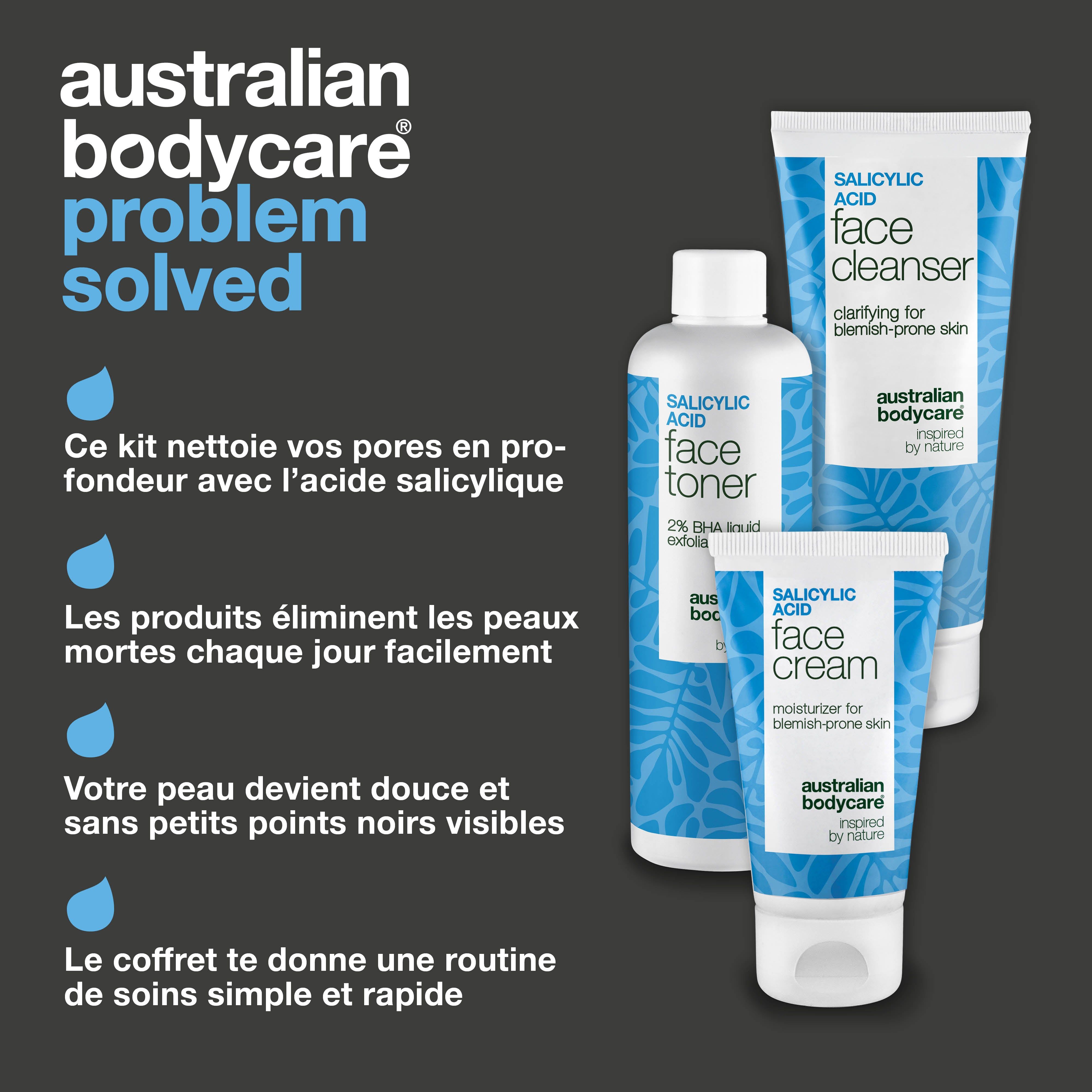 Trois produits Australian Bodycare : lotion tonique, nettoyant et crème pour le visage. Texte : problème résolu.