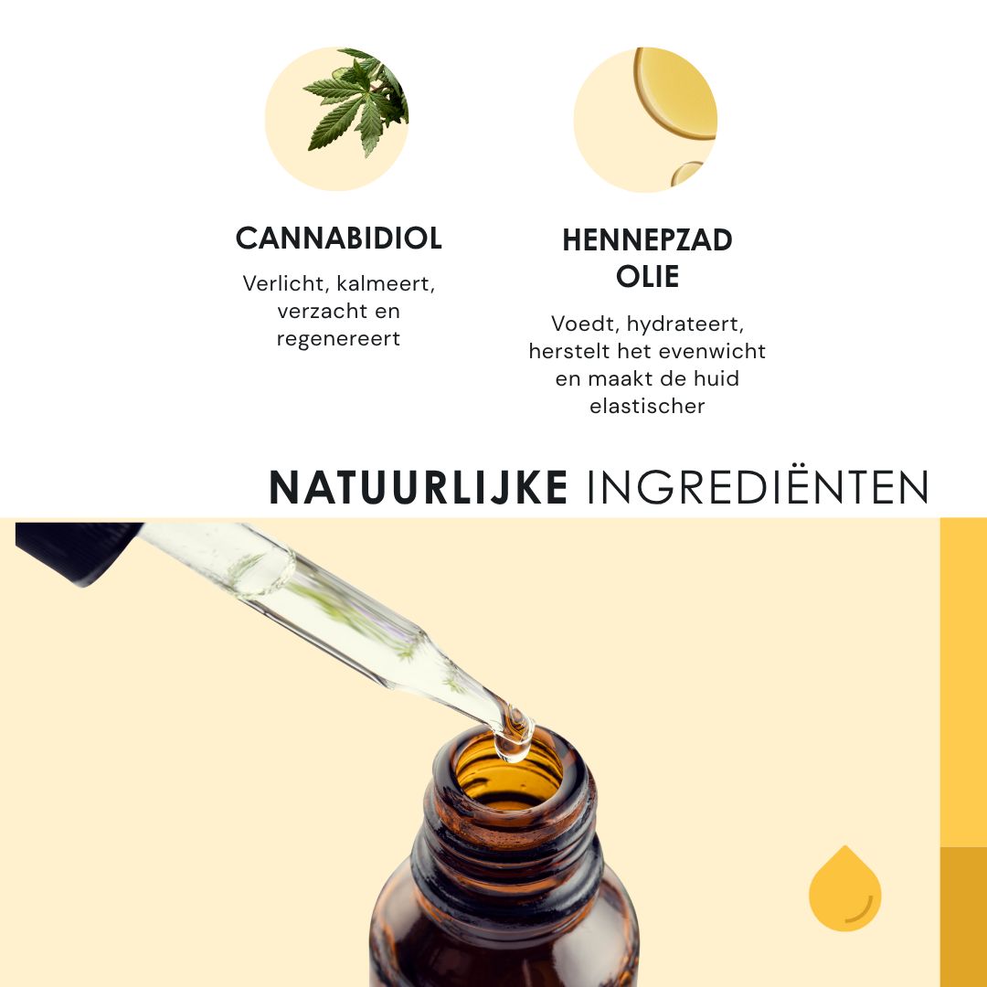 Pipet druppelt olie in een fles. Opschrift: Natuurlijke ingrediënten. Cannabidiol, hennepzaadolie.