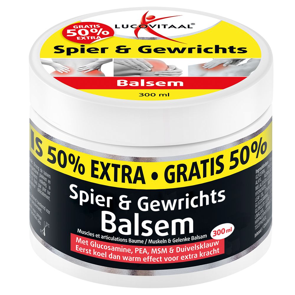 Witte pot met gele deksel. Opschrift: Lucovitaal, Spier & Gewrichts Balsem. 50% Extra. 300 ml.