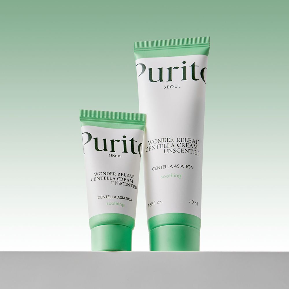 Twee crème tubes, wit met groene dop. Opschrift: Purito, Wonder Releaf Centella Cream Unscented, Centella Asiatica, soothing.