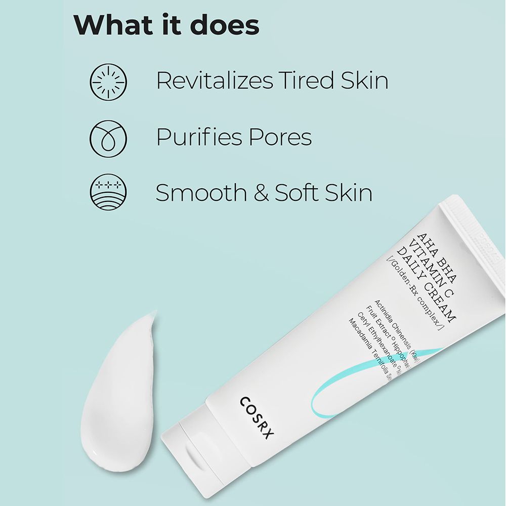 Tekst met voordelen van de crème: Revitaliseert vermoeide huid, reinigt poriën, gladde huid.