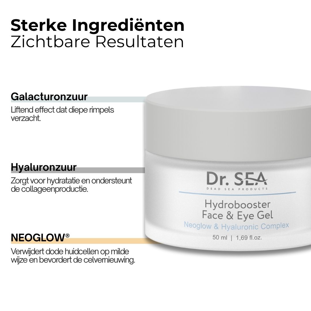Product met tekst. Opschrift: Dr. SEA, Hydrobooster Face & Eye Gel, 50 ml. Tekst over ingrediënten en effect.