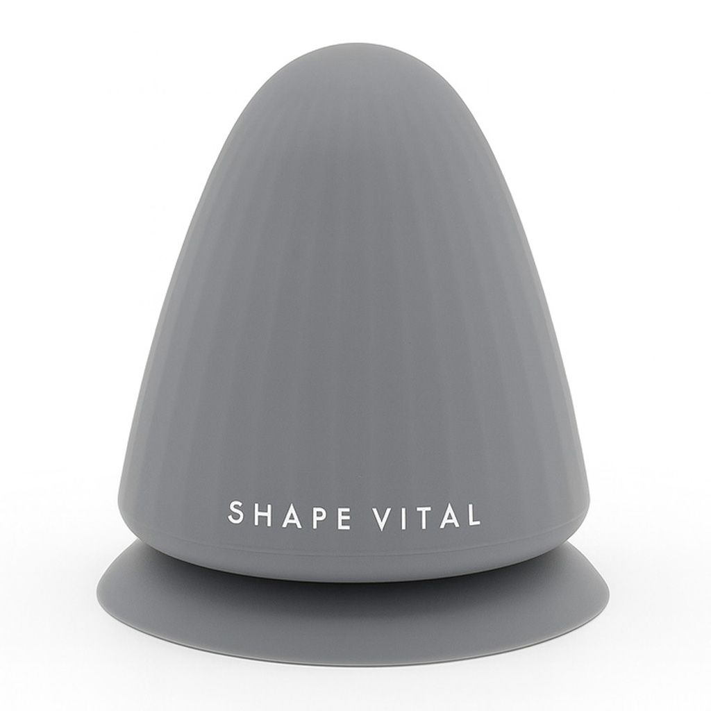 Grijs, kegelvormig product met SHAPE VITAL. Ronde basis en concave bovenkant.