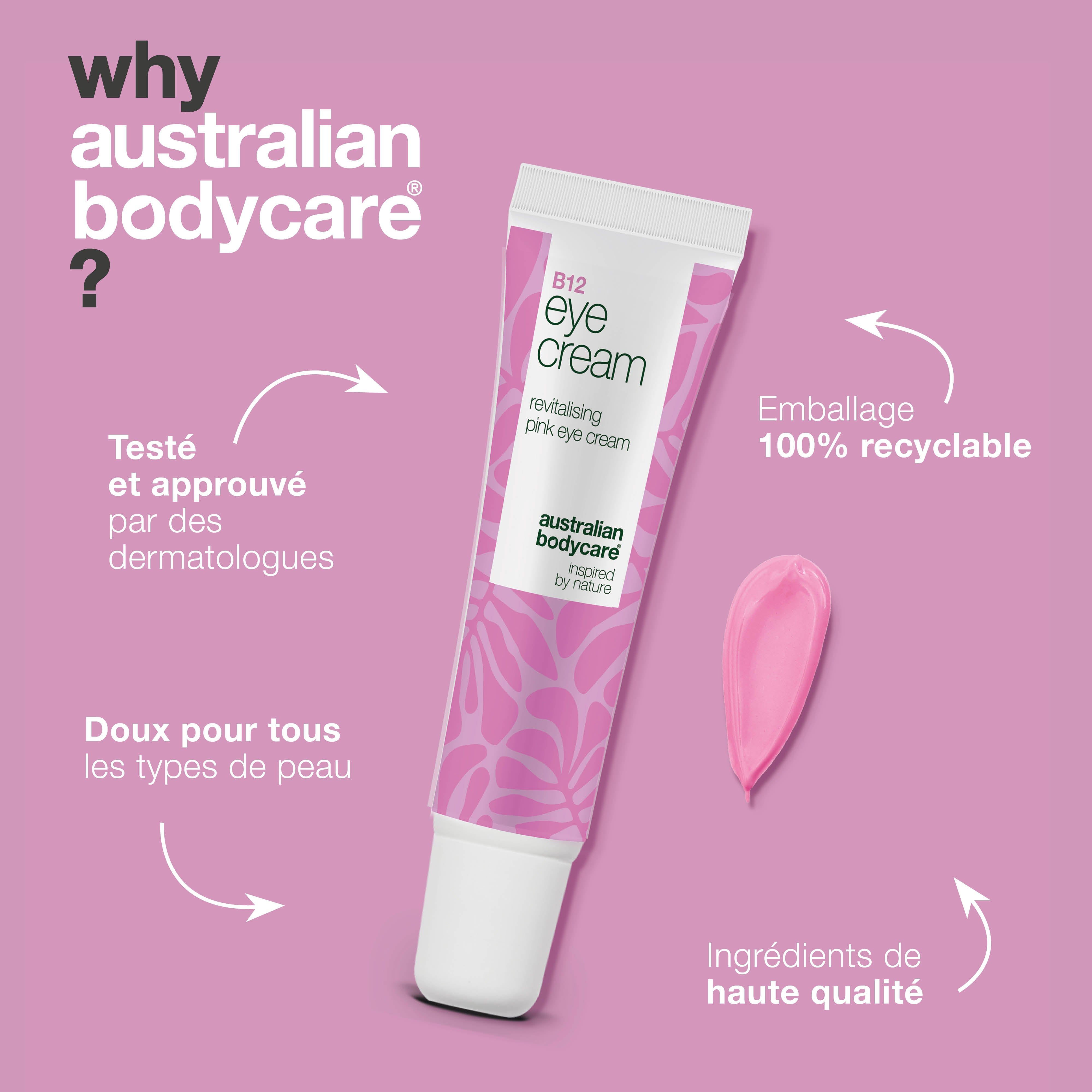 Tube de crème pour les yeux B12 et crème rose. Texte : Why Australian Bodycare ? Testé, Doux, Emballage, Ingrédients.