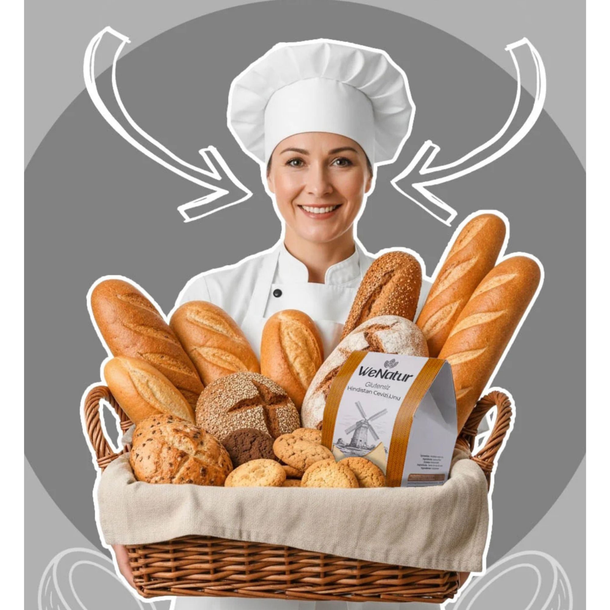 Boulangère tenant un panier de pains et brioches, avec un paquet de farine de coco.