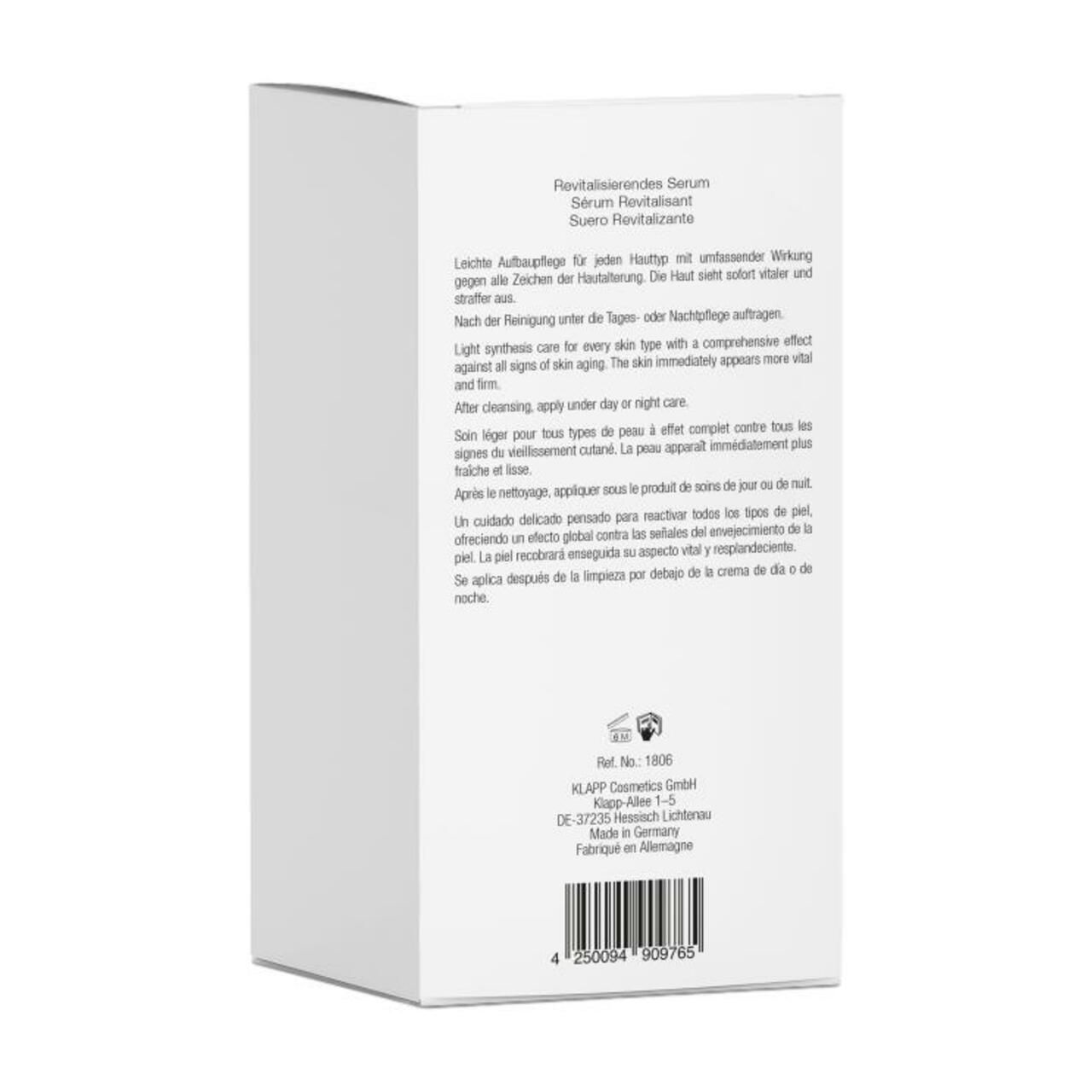 Achterkant van de witte verpakking met tekst. Bevat productinformatie en fabrikantgegevens.