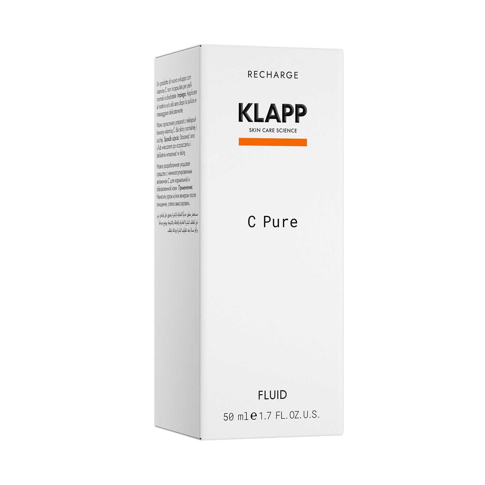 Witte rechthoekige verpakking met opschrift: KLAPP, C Pure, Fluid, 50 ml. Tekst op meerdere zijden.
