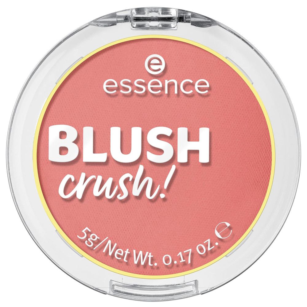 Ronde blush in transparante verpakking. Opschrift 'essence BLUSH crush!'. Inhoud: 5g/Net Wt. 0.17 oz.