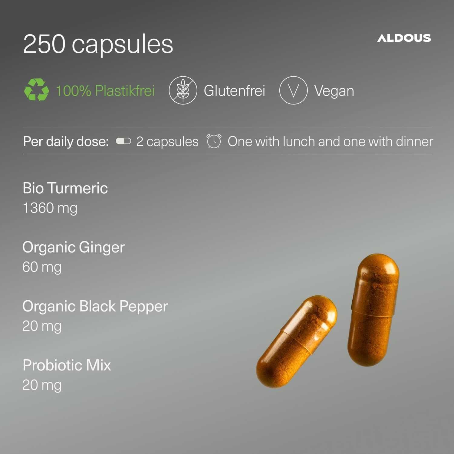 Gélules Aldous Curcuma : 250 pièces, sans plastique, sans gluten, vegan. Ingrédients : curcuma, gingembre, poivre, probiotiques.