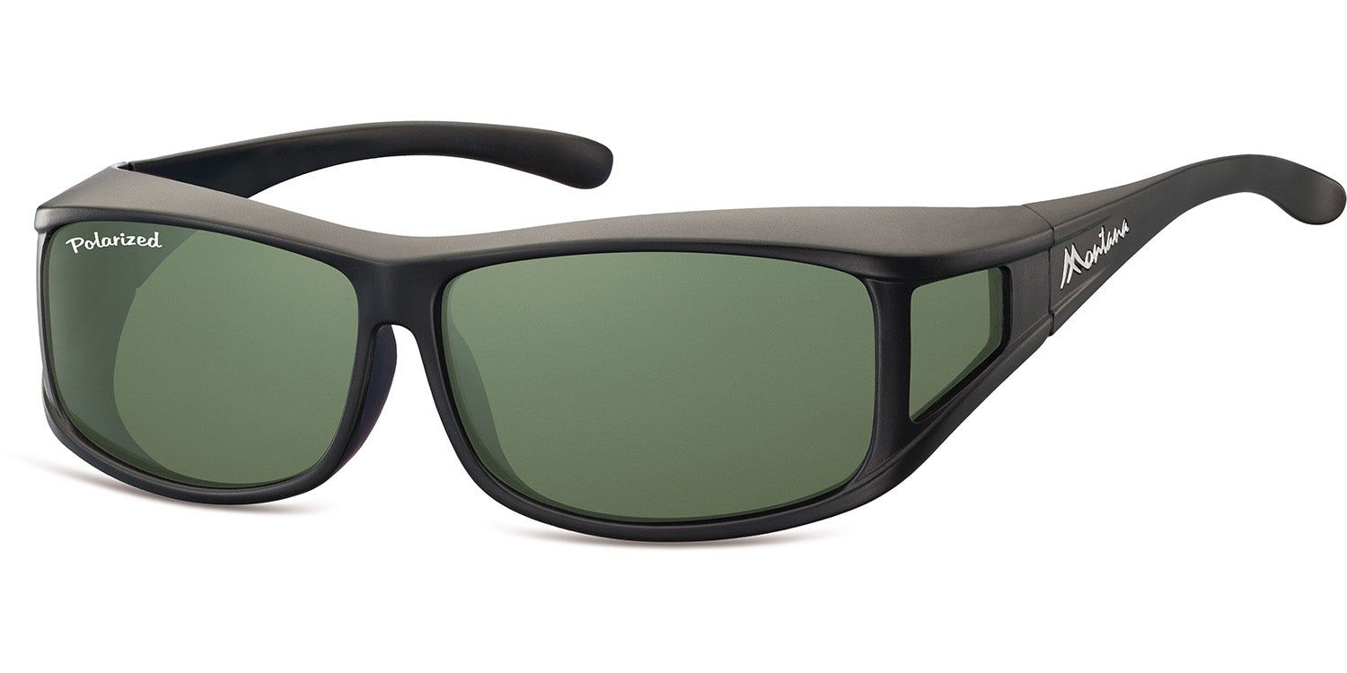 Zwarte zonne-overbril met groene glazen. "Polarized" op het linkse glas. "Montana" op de poot.