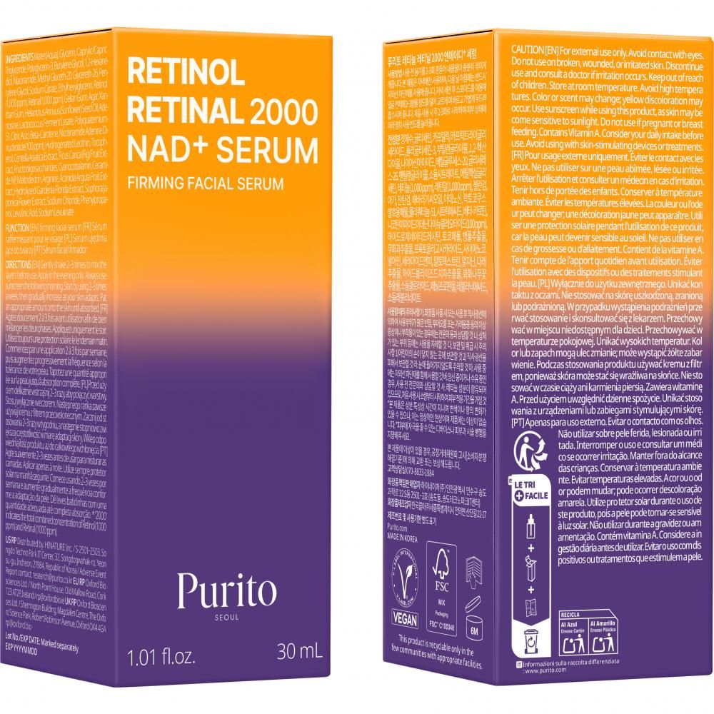Purito Retinol Retinal 2000 NAD+ Serum Firming Facial Serum doos, 30 ml.