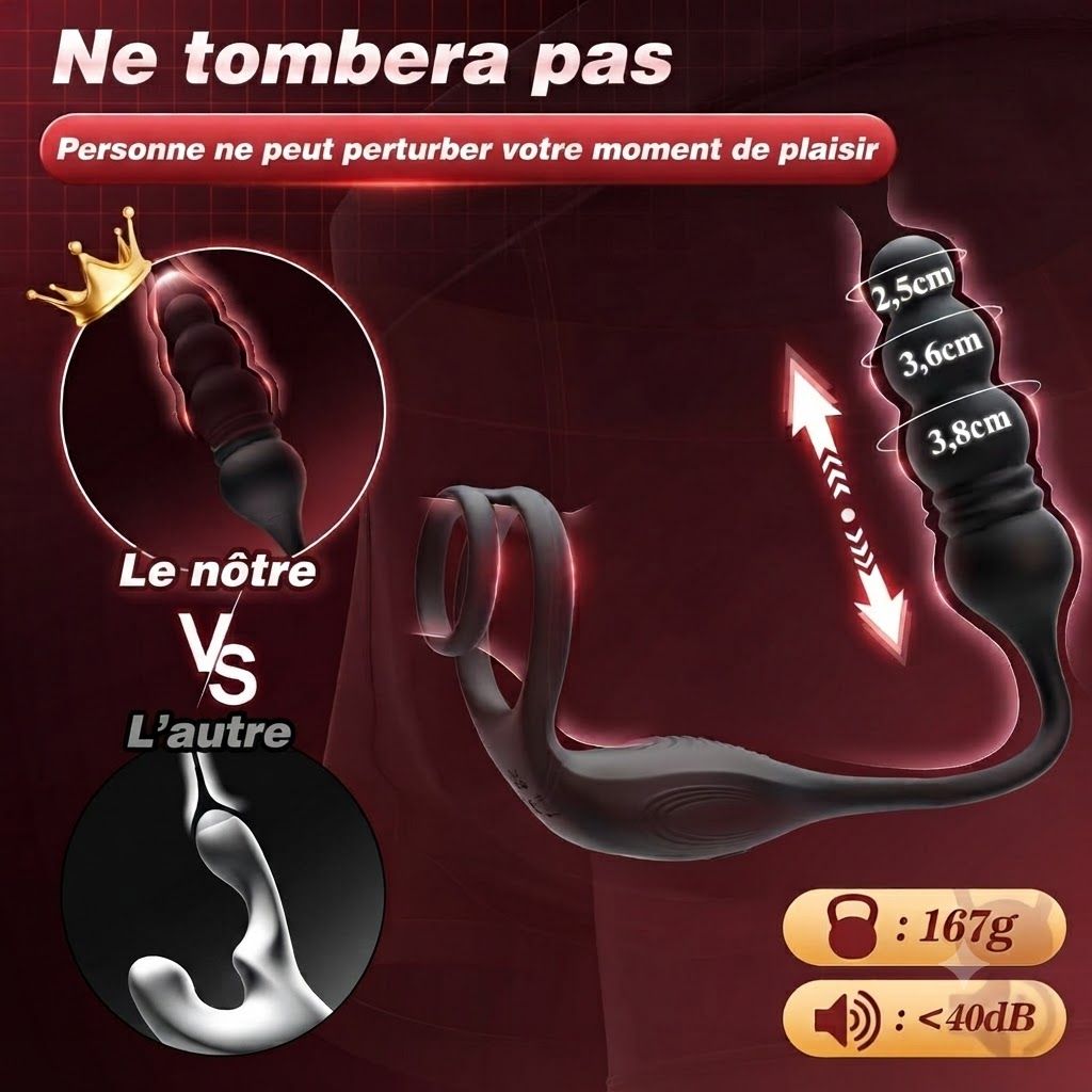 Vibrateur noir avec tête rainurée et base flexible. Dimensions : 2,5cm, 3,6cm, 3,8cm.