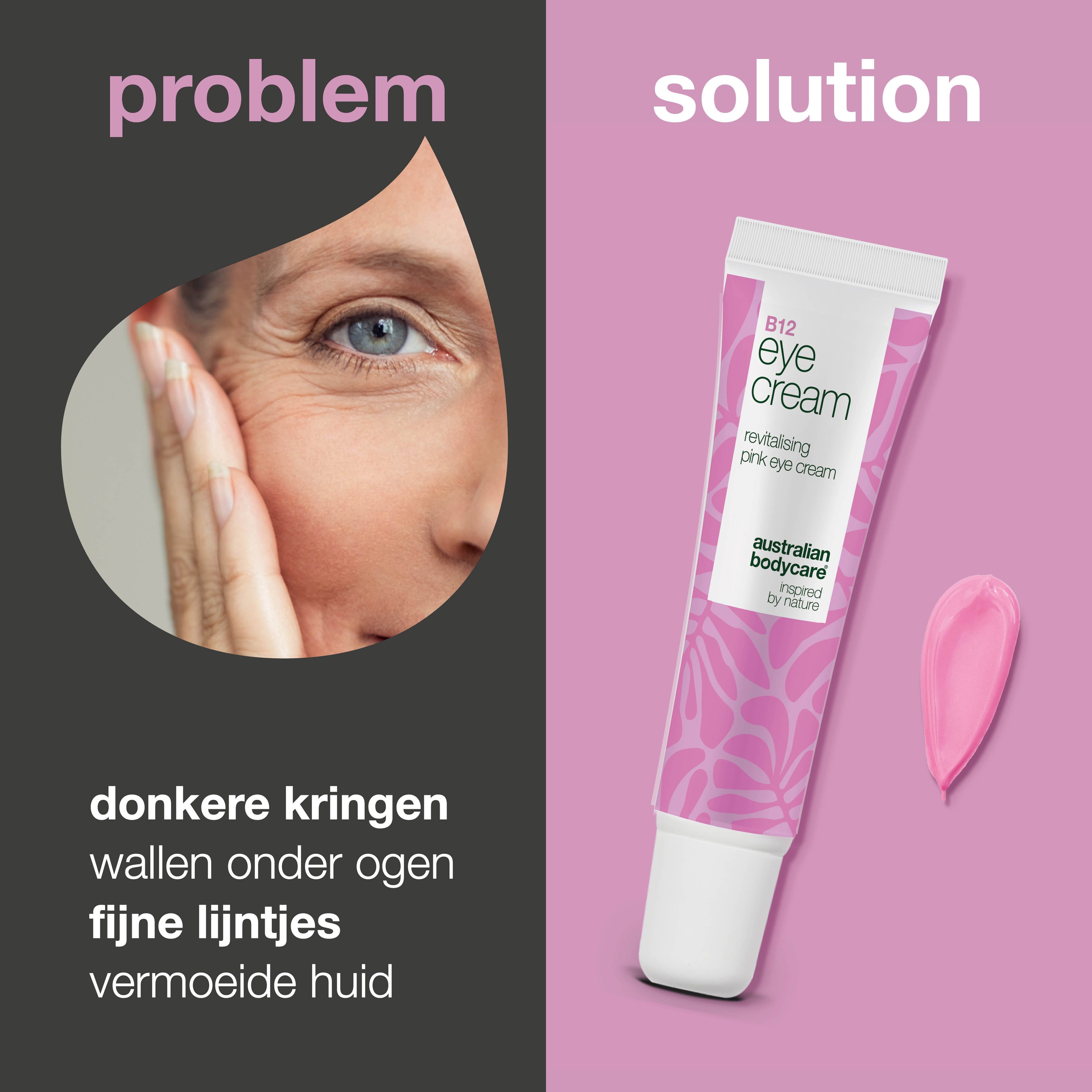 Gezicht van een vrouw met rimpels. Rechts: tube B12 oogcrème en roze crème. Tekst: Probleem, Oplossing, donkere kringen, wallen, fijne lijntjes.